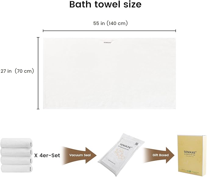 SEMAXE 4 Piece White Bath Towel Set for Bathroom, 100% Cotton Bath Towels with Hanging Loop, 55 x 27 Inch, Soft Absorbent & Quick Dry, for Home