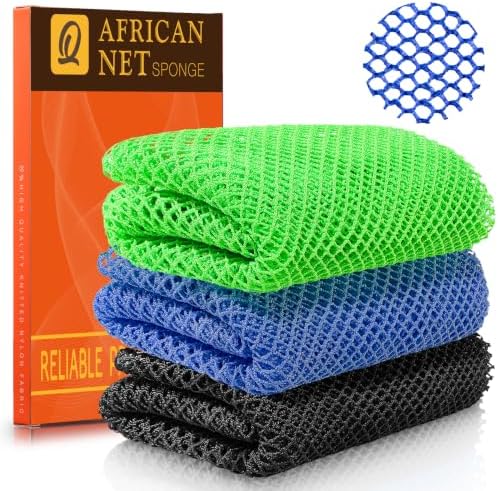 UJFQBH African Net Sponge Authentic 3 Pack, the Gentle Exfoliating Body Scrubber that Unclogs Pores, Reaches Your Back, Dries Fast, and Leaves Skin Smooth Day After Day（Black,Blue,Green） by BuyNow