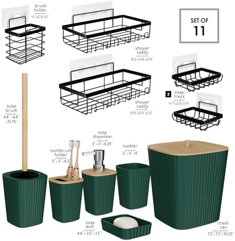 Clara Clark Bathroom Set - Hunter Green Bathroom Accessories Set, 6PC Bathroom Accessory Set, Bathroom Sets with Adhesive Corner Shower Caddy Hanging, Toilet Brush, Trash Can & Soap Dispenser - Image 2