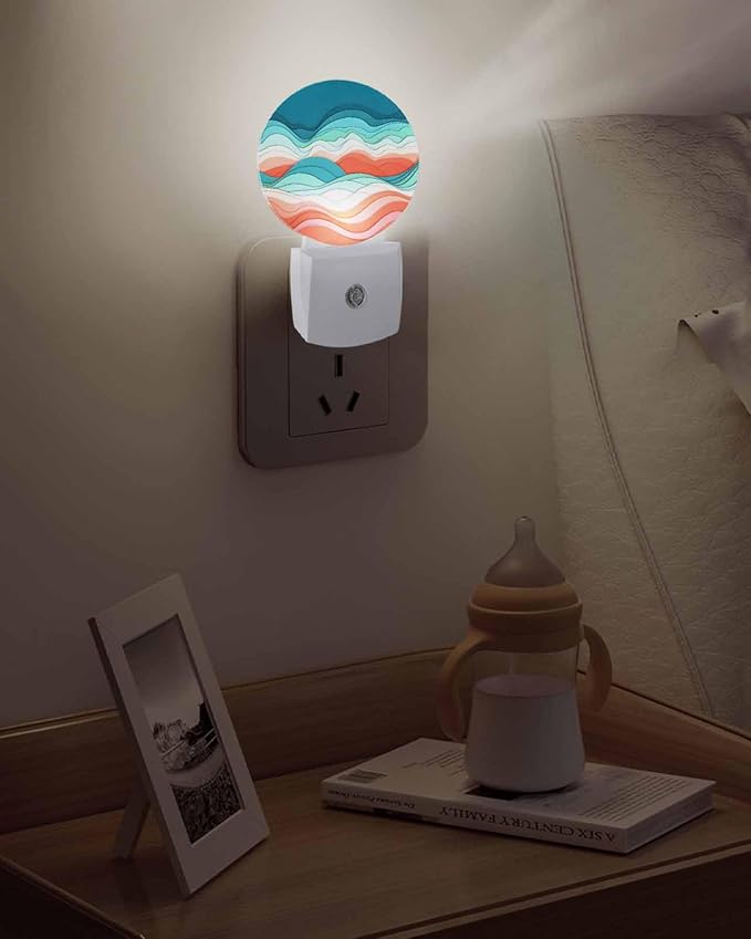 Night Lights Auto Sensor Ombre Turquoise Pink Night Light Abstract Mountain Waves Lines Round Lamp Plug-in LED Nightlights Dusk to Dawn for Living Room Bedroom Bathroom Hallway Wall Decor