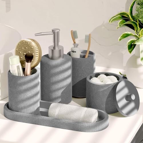 Clara Clark Bathroom Set - Grey Bathroom Accessories Set, 5PC Bathroom Accessory Set, Bathroom Sets with Soap Dispenser, Toothbrush Holder, Tumbler, Cotton Swab Jar & Vanity Tray - Image 7