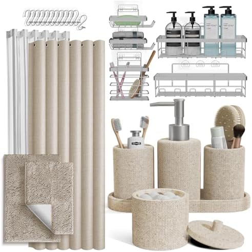 Clara Clark Beige Bathroom Set - Bathroom Sets with Shower Curtain and Rugs, 26PC Bathroom Accessory Set, Shower Curtain Set with Adhesive Corner Shower Caddy Hanging & Soap Dispenser by ClaraClark