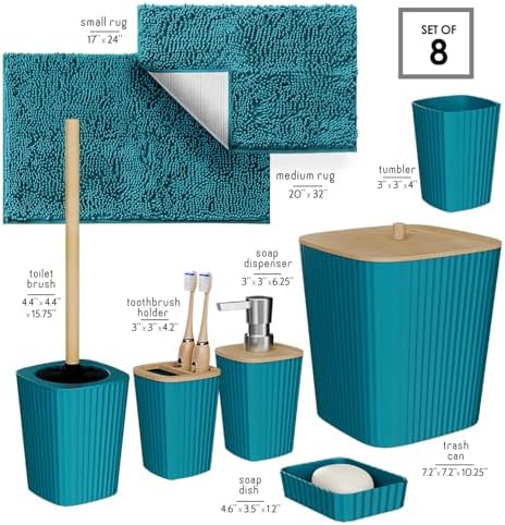 Clara Clark Bathroom Set - Teal Bathroom Accessories Set, 6PC Bathroom Accessory Set, Bathroom Sets with Bathroom Rugs, Toilet Brush, Trash Can & Soap Dispenser - Image 2