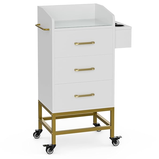 Paddie Beauty Salon Storage Trolley Cart, Glass Top Hair Station Cabinet with Dryer Holder, Lockable Rolling Wheels, Drawer - White