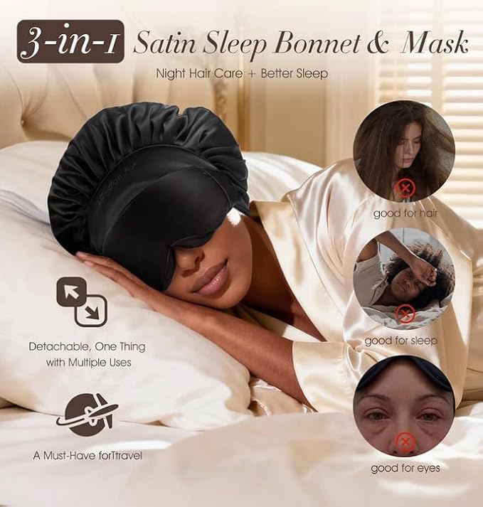 LC-dolida Satin Silk Bonnet for Sleeping Women Men, Hair Bonnet for Curly & Natural with Sleep Mask, Reduce Frizz