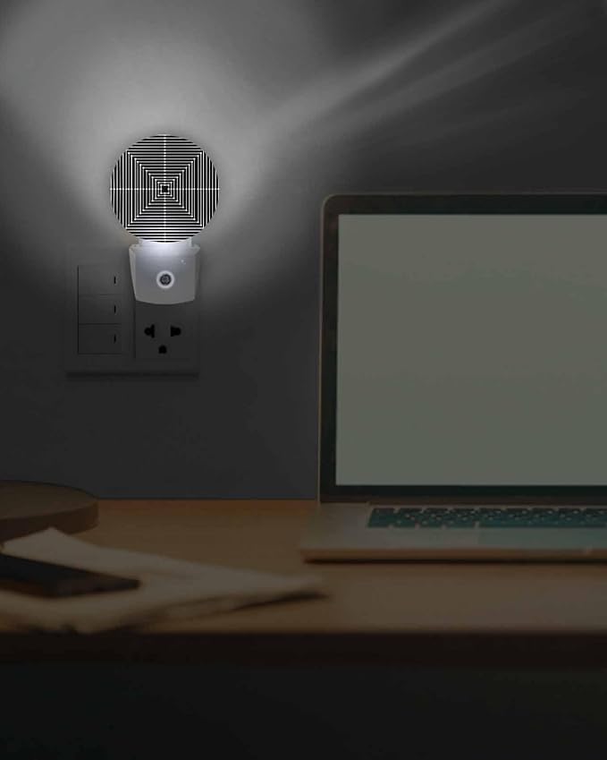 Night Lights Auto Sensor Black Aesthetic Night Light Lines Perspective Box Round Lamp Plug-in LED Nightlights Dusk to Dawn for Living Room Bedroom Bathroom Hallway Wall Decor