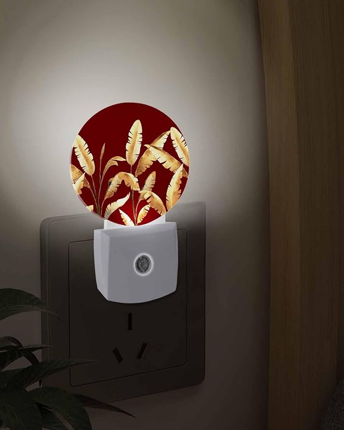Night Lights Auto Sensor Golden Foliage Night Light Red Minimalist Leaf Round Lamp Plug-in LED Nightlights Dusk to Dawn for Living Room Bedroom Bathroom Hallway Wall Decor