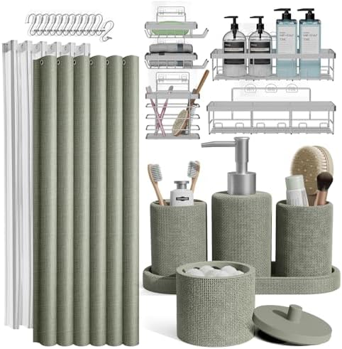 Clara Clark Sage Green Bathroom Set - Bathroom Accessories Set, 24PC Bathroom Accessory Set, Bathroom Sets with Shower Curtain Set, Adhesive Corner Shower Caddy Hanging & Soap Dispenser by ClaraClark