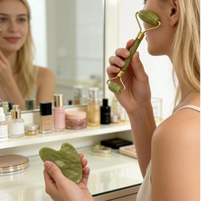 Jade Facial Roller & Gua Sha Set – Natural Stone Skincare Tools for Men & Women – Promotes Muscle Relaxation & Blood Circulation – Premium Self-Care Gift