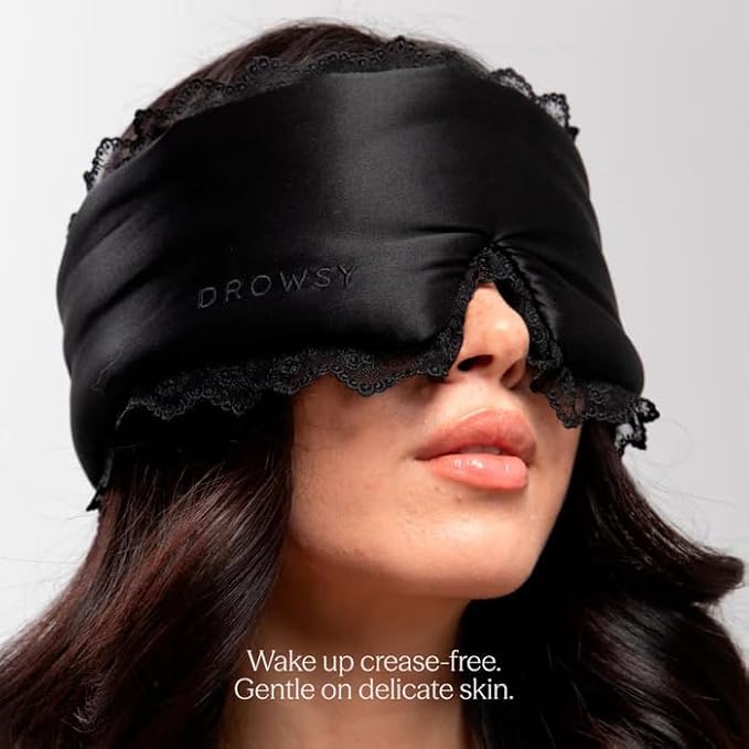 DROWSY Silk Sleep Mask. Face-Hugging, Padded Silk Cocoon for Luxury Sleep in Total Darkness. (Black Lace, 1 Count (Pack of 1))