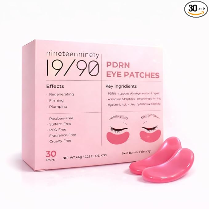 19/90 Revitalizing Hydrogel Under Eye Patches for Dark Circles & Puffiness - Salmon PDRN, Peptides & Hyaluronic Acid - Pink (30 Pair)