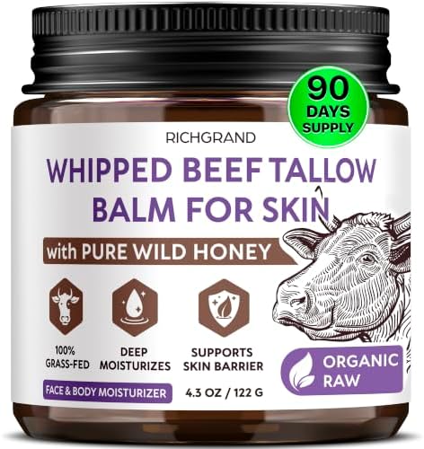 RICHGRAND Beef Tallow for Skin - Whipped Tallow and Honey Balm - Grass Fed Beef Tallow for Face, Daily Moisturizer & Body Butter - Natural Non Comedogenic Skincare by RICHGRAND