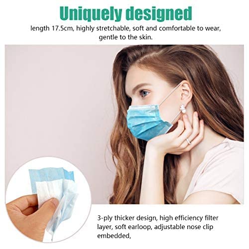 Wecolor 100 Disposable Face Masks for Adults, Outdoor, Hospital, Airport, Farm, Garden, Non-Woven Fabric and Meltblown Fabric, Soft, Comfortable Face Mask, Anti-Fog, Wide Earbands - Blue