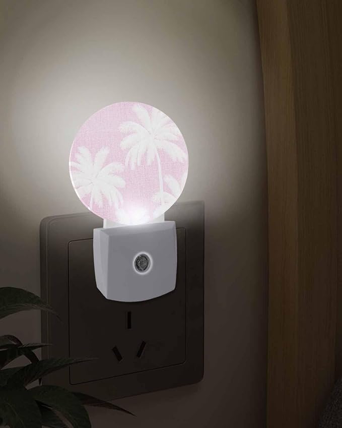 Night Lights Auto Sensor Tropical Palm Trees Night Light Peach Pink Linen Coastal Round Lamp Plug-in LED Nightlights Dusk to Dawn for Living Room Bedroom Bathroom Hallway Wall Decor