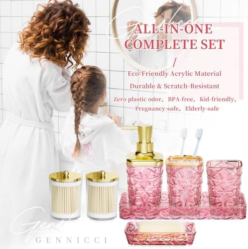 Bathroom Accessory Set, 9-Piece Pink Bathroom Set with Trash Can, Toilet Brush, Soap Dispenser, Soap Dish, Toothbrush Holder, Tumbler, Q-tip Holders & Tray, for Hotel/Apartment, Housewarming Gift - Image 6