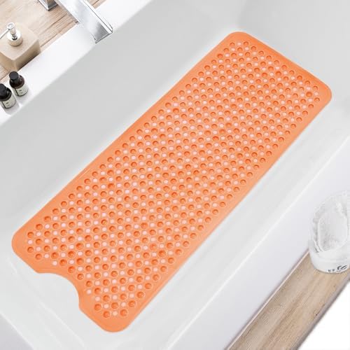 TEESHLY Bath Tub Shower Mat, Non Slip Bathtub Floor Liner Mats with Suction Cups and Drain Holes, Machine Washable Bathmat for Bathroom Floor Safety, 40 x 16 Inch, Clear Orange by TEESHLY