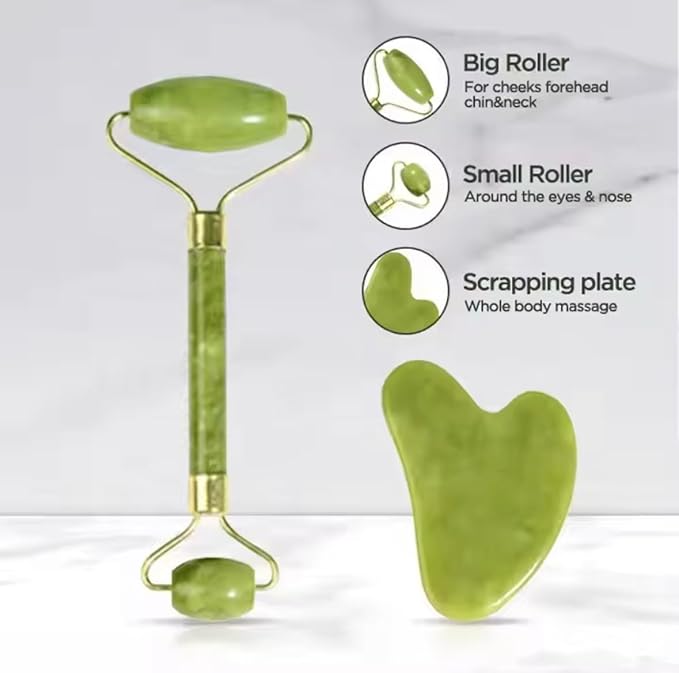 Gua Sha Facial Tool and Jade Roller Set –Anti-Aging Tools for Lymphatic Drainage, Puffiness, Wrinkles, and Relaxation – Skincare Tool for Face and Neck (Light Green)