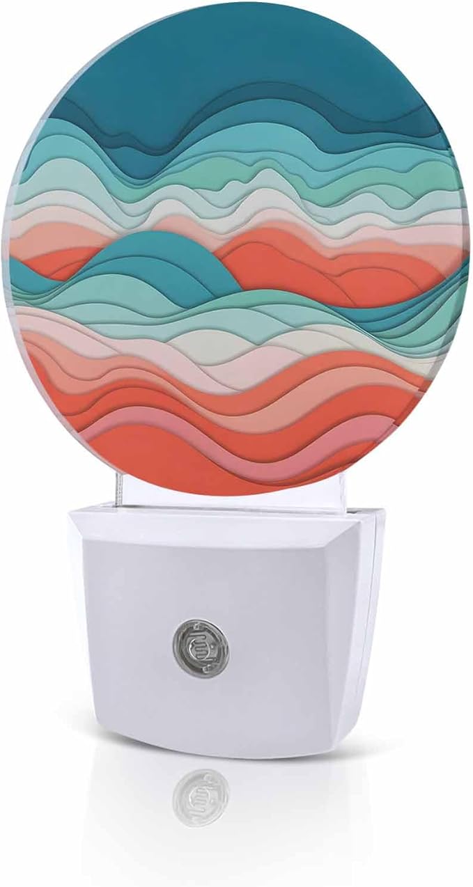 Night Lights Auto Sensor Ombre Turquoise Pink Night Light Abstract Mountain Waves Lines Round Lamp Plug-in LED Nightlights Dusk to Dawn for Living Room Bedroom Bathroom Hallway Wall Decor