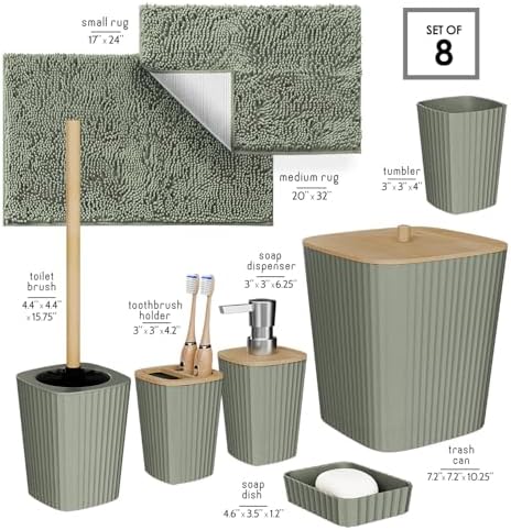 Clara Clark Bathroom Set - Sage Green Bathroom Accessories Set, 6PC Bathroom Accessory Set, Bathroom Sets with Bathroom Rugs, Toilet Brush, Trash Can & Soap Dispenser - Image 2