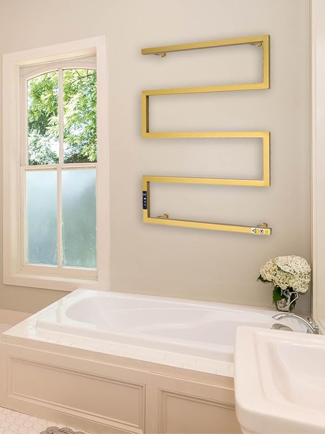 Towel Warmer Rack for Bathroom with Timer/Fahrenheit Temperature Control Wall Mounted Electric Heated 5 Bar Rail Plug-in or Hardwired Keep Bath Shower Towel Warming (Brushed Gold)