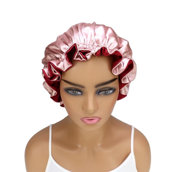 Adjustable Silk Satin Bonnet Hair Care Caps for Women Girls Loose-fitting Reversible Sleeping Cap Shower Caps Hair Wrap Bonnets (001 Wine/Blush)