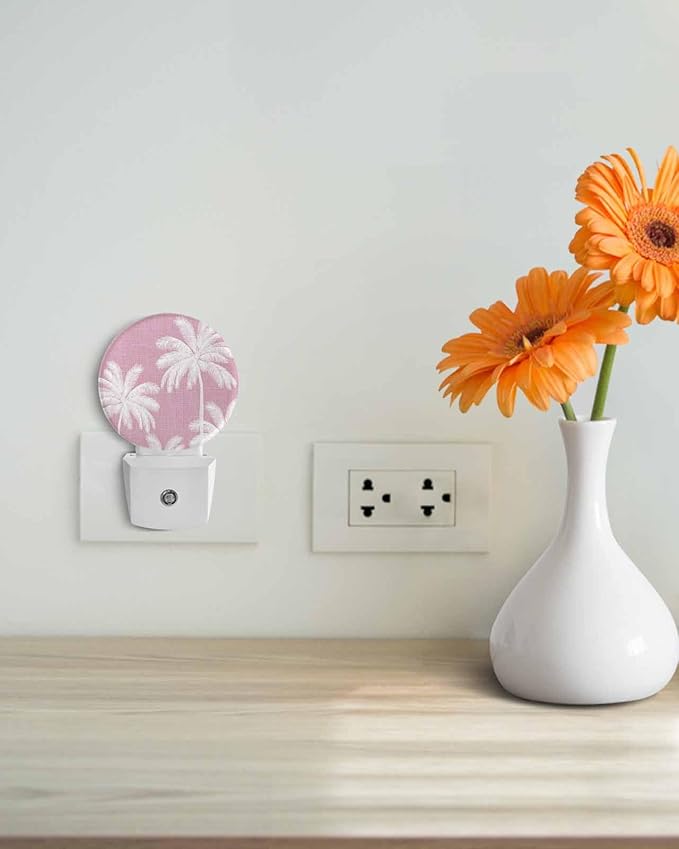 Night Lights Auto Sensor Tropical Palm Trees Night Light Peach Pink Linen Coastal Round Lamp Plug-in LED Nightlights Dusk to Dawn for Living Room Bedroom Bathroom Hallway Wall Decor
