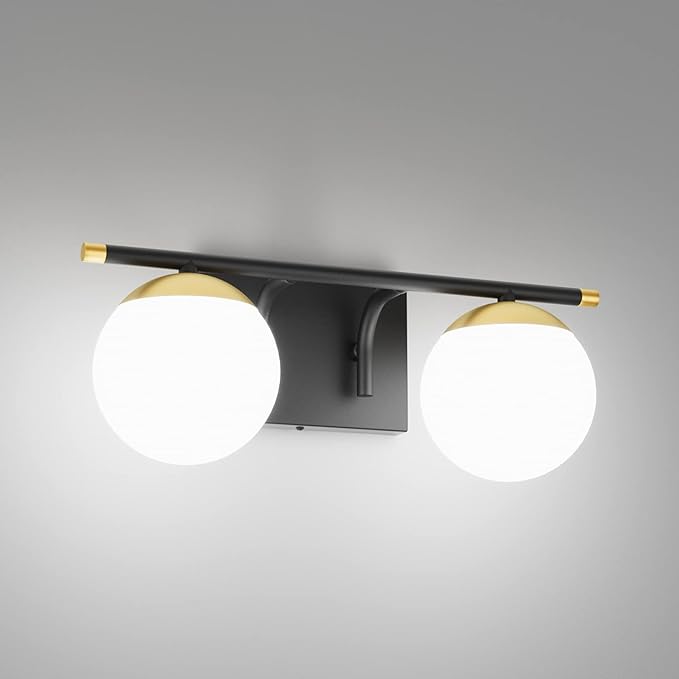 Ralbay Black and Gold Bathroom Vanity Light 2-Light Mid Century Modern Vanity Light Fixtures Black Milky Glass Globe Wall Light for Bathroom
