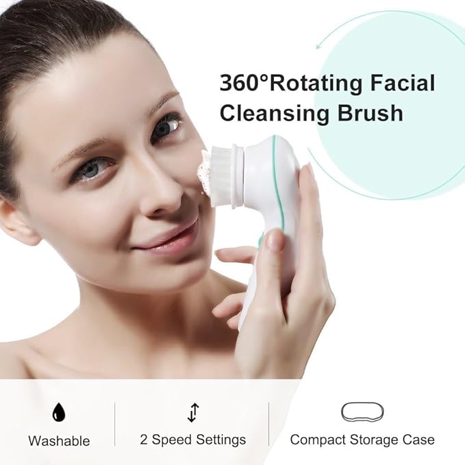 TOUCHBeauty 360° Rotating, 3 in 1 Interchangeable Facial Cleansing Brush Set with Cleansing, Exfoliating and Silicone Brush | 2-Speed, Travel Case, Cordless, Waterproof