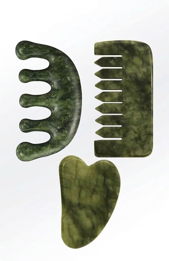 Meridian Massage Comb for Face & Scalp, Natural Stone, Stimulates Blood Circulation, Promotes Meridian Flow, Multi-Purpose Head Massager for Relaxation & Wellness (Jade-GuaSha-3pSet)