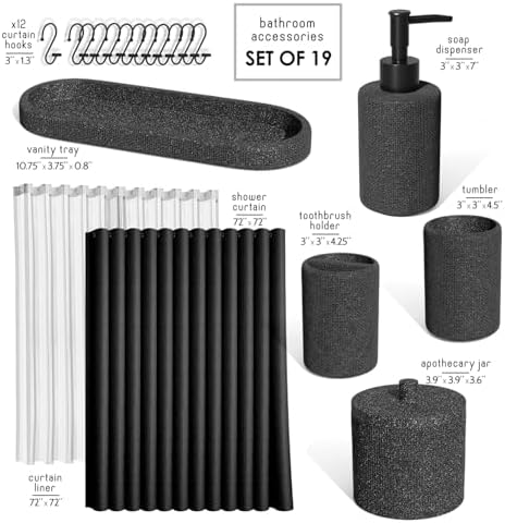 Clara Clark Bathroom Set - Coal Black Bathroom Accessories Set, 19PC Bathroom Accessory Set, Bathroom Sets with Shower Curtain Set, Soap Dispenser & Toothbrush Holder - Image 2