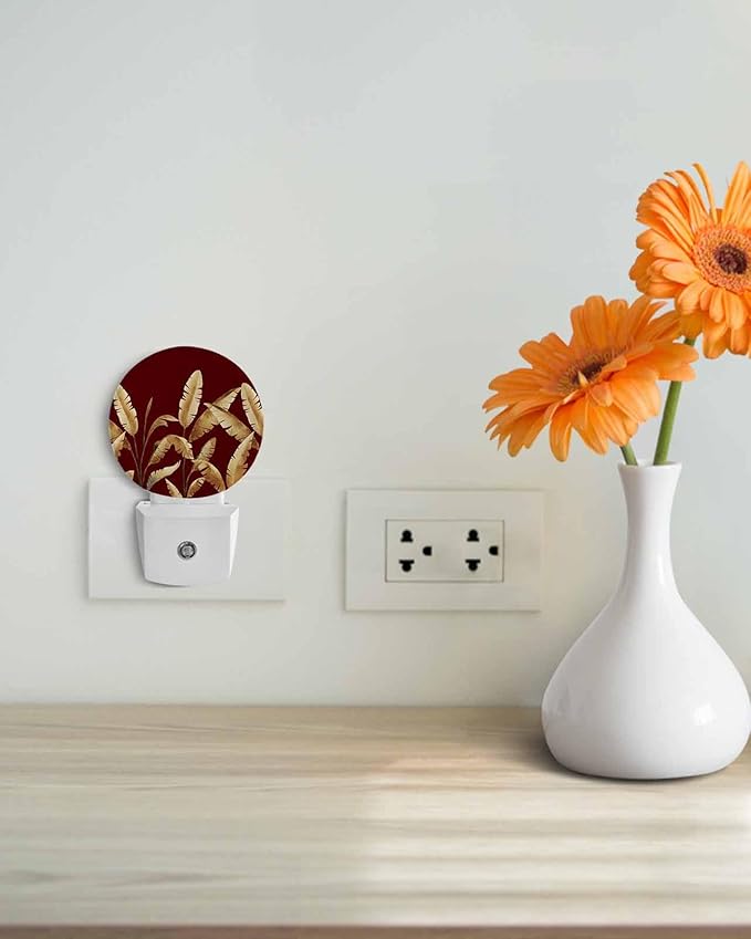 Night Lights Auto Sensor Golden Foliage Night Light Red Minimalist Leaf Round Lamp Plug-in LED Nightlights Dusk to Dawn for Living Room Bedroom Bathroom Hallway Wall Decor