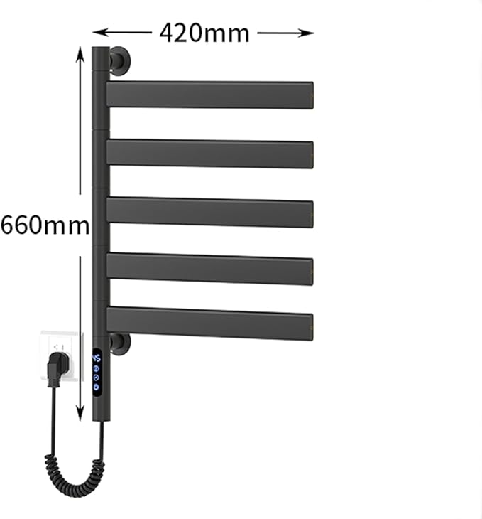 Smart Rotating Heated Towel Rack for Bathroom Black, VOKIM 5-Bar Wall-Mounted Electric Towel Warmer with Swivel Bars, Stainless Steel, IPX4