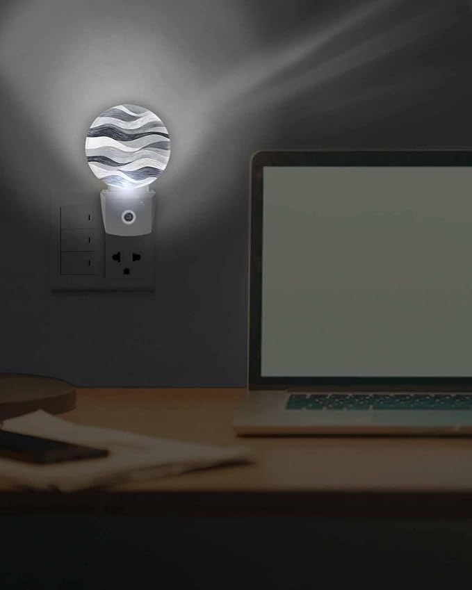 Night Lights Auto Sensor Grey Ocean Waves Night Light Abstract Mountain Stripes Round Lamp Plug-in LED Nightlights Dusk to Dawn for Living Room Bedroom Bathroom Hallway Wall Decor