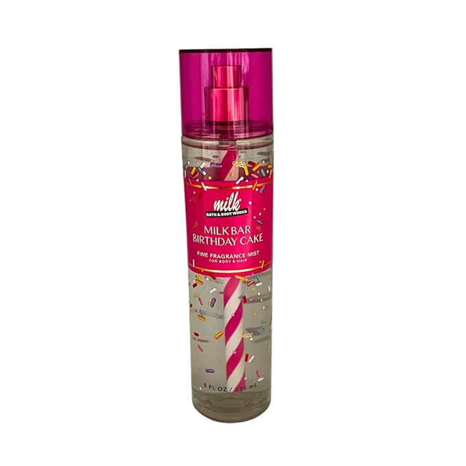 Bath & Body Works MILK BAR BIRTHDAY CAKE Fine Fragrance Mist & Body Cream 2pc Gift Set with 30-Inch Metallic Gold & Silver Striped Ribbon Bow for Birthdays & Holidays – Full Size