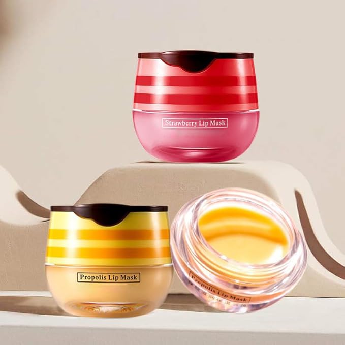2 Pcs Lip Balm Honey Pot, Honey & Strawberry Moisturizing Lip Mask Reduces Lip Lines and Exfoliator, Prevention Dry & Cracked Lip. (Honey & Strawberry)