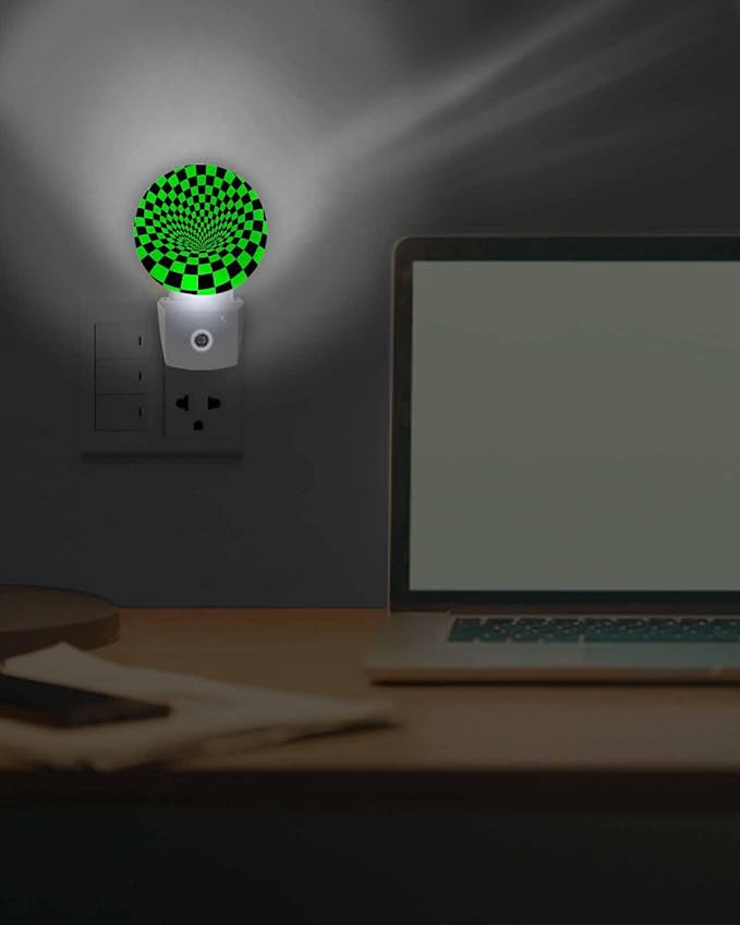 Night Lights Auto Sensor Green Black Checker Night Light 3D Abstract Mosaic Tiles Round Lamp Plug-in LED Nightlights Dusk to Dawn for Living Room Bedroom Bathroom Hallway Wall Decor