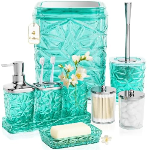 Bathroom Accessory Set, 9-Piece Teal Bathroom Set with Trash Can, Toilet Brush, Soap Dispenser, Soap Dish, Toothbrush Holder, Tumbler, Q-tip Holder & Tray, for Hotel/Apartment, Housewarming Gift by Unknown