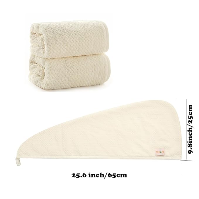 M-bestl 2 Pack Microfiber Hair Towel Wrap,Hair Drying Towel with Button, Absorbent and Soft,Anti-frizz Head Towel to Dry Hair Quickly(Beige&Beige)