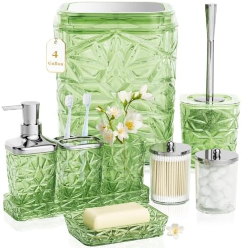 Bathroom Accessory Set, 9-Piece Green Bathroom Set with Trash Can, Toilet Brush, Soap Dispenser, Soap Dish, Toothbrush Holder, Tumbler, Q-tip Holder, Tray, for Hotel/Apartment, Housewarming Gift by Unknown