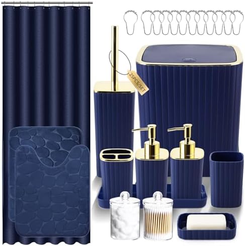 XLHOMO Bathroom Set with Shower Curtain and Rugs- 25PC Blue Bathroom Set by BetterbathroomwithXLHOME