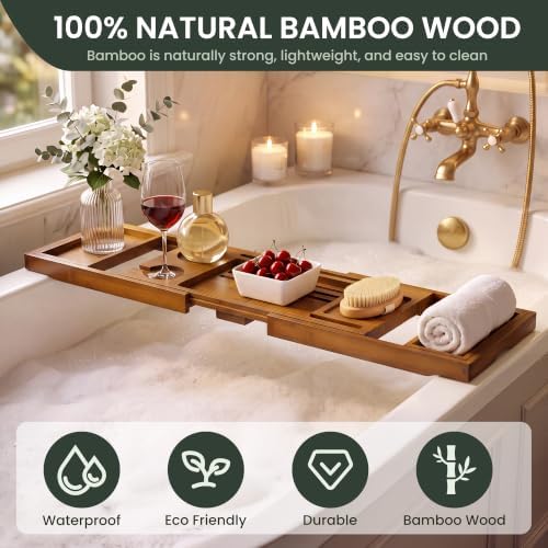 Bamboo Bathtub Tray - Luxury Bath Tray with Expandable Handles, Wine Glass and Phone Holders, Book Stand - Perfect for Home Spa Relaxation and Reading - Natural Bath Accessories - Brown Color - Image 5