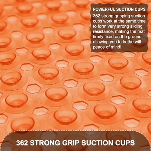 TEESHLY Bath Tub Shower Mat, Non Slip Bathtub Floor Liner Mats with Suction Cups and Drain Holes, Machine Washable Bathmat for Bathroom Floor Safety, 40 x 16 Inch, Clear Orange - Image 3