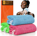 UJFQBH African Net Sponge Authentic 3 Pack, the Gentle Exfoliating Body Scrubber that Unclogs Pores, Reaches Your Back, Dries Fast, and Leaves Skin Smooth Day After Day（Green, Sky Blue, Rose Red） by BuyNow