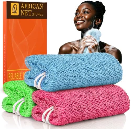 UJFQBH African Net Sponge Authentic 3 Pack, the Gentle Exfoliating Body Scrubber that Unclogs Pores, Reaches Your Back, Dries Fast, and Leaves Skin Smooth Day After Day（Green, Sky Blue, Rose Red） by BuyNow