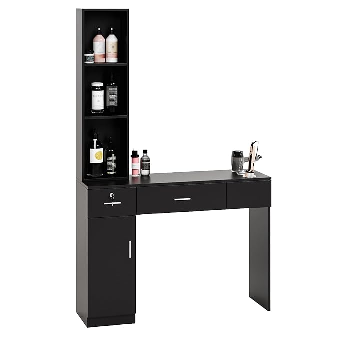 OmySalon Salon Stations for Hair Stylist, Locking Barber Station Organizer, Wall Mount Hair Styling Equipment with 2 Drawers, 1 Storage Cabinet, 3 Open Shelves, for Beauty Spa Hairdresser, Black