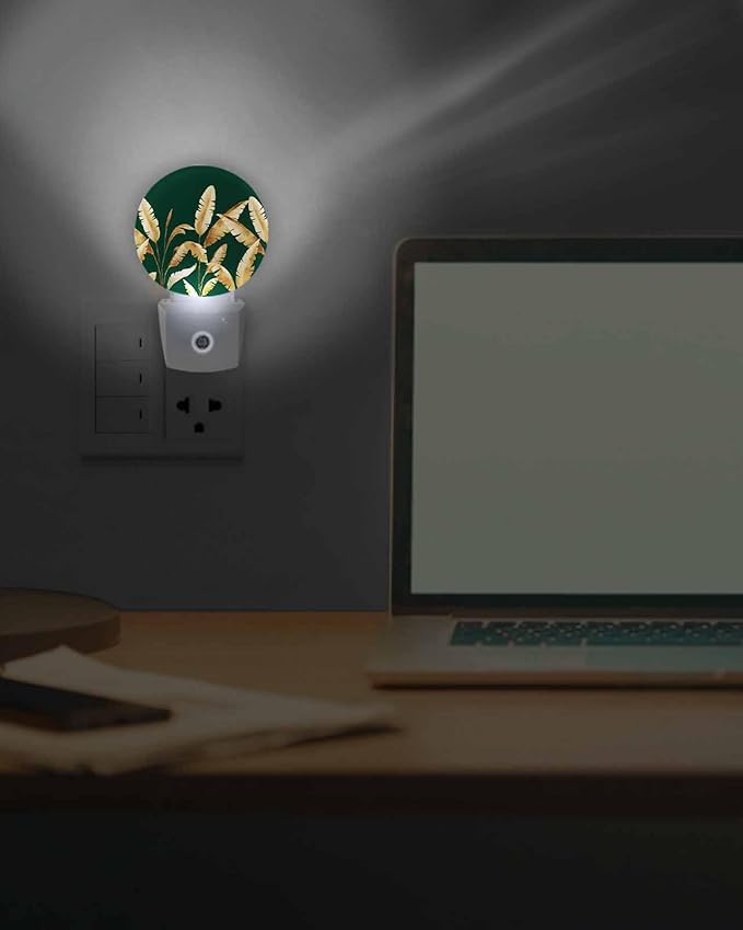 Night Lights Auto Sensor Golden Foliage Night Light Green Minimalist Leaf Round Lamp Plug-in LED Nightlights Dusk to Dawn for Living Room Bedroom Bathroom Hallway Wall Decor