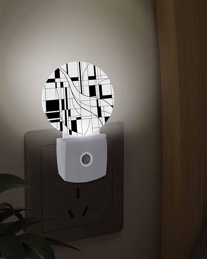 Night Lights Auto Sensor White Lines Night Light Modern Abstract Art Round Lamp Plug-in LED Nightlights Dusk to Dawn for Living Room Bedroom Bathroom Hallway Wall Decor