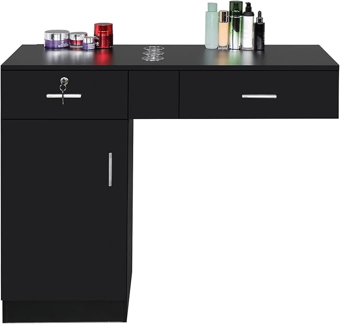 Wall Mount Styling Station for Hair Stylist,Wooden Hair Salon Station Storage Cabinet,Beauty Salon Storage Equipment,Beauty Spa Tool Organizer,with Drawers,for Barber Shop, Home, Bathroom (Black)
