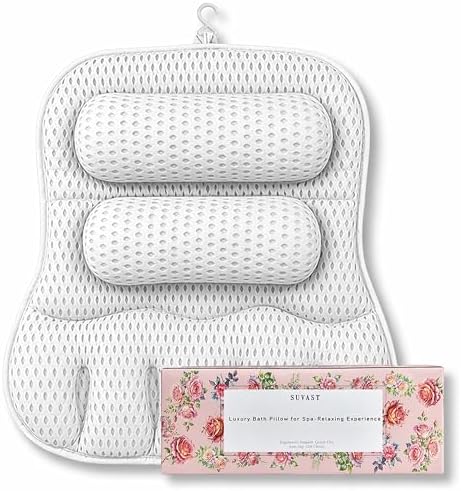 Luxury Bath Pillow for Tub, with 10 Strong Suction Cups, Non-Slip Bathtub Pillow for Head Neck & Back Support, Extra Large 21” Spa Bath Pillow, 4D Air Mesh Quick-Dry, Gift for Women(White) by suvast