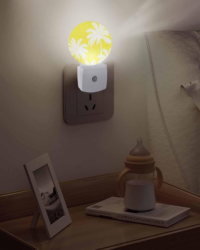 Night Lights Auto Sensor Tropical Palm Trees Night Light Yellow Linen Coastal Round Lamp Plug-in LED Nightlights Dusk to Dawn for Living Room Bedroom Bathroom Hallway Wall Decor